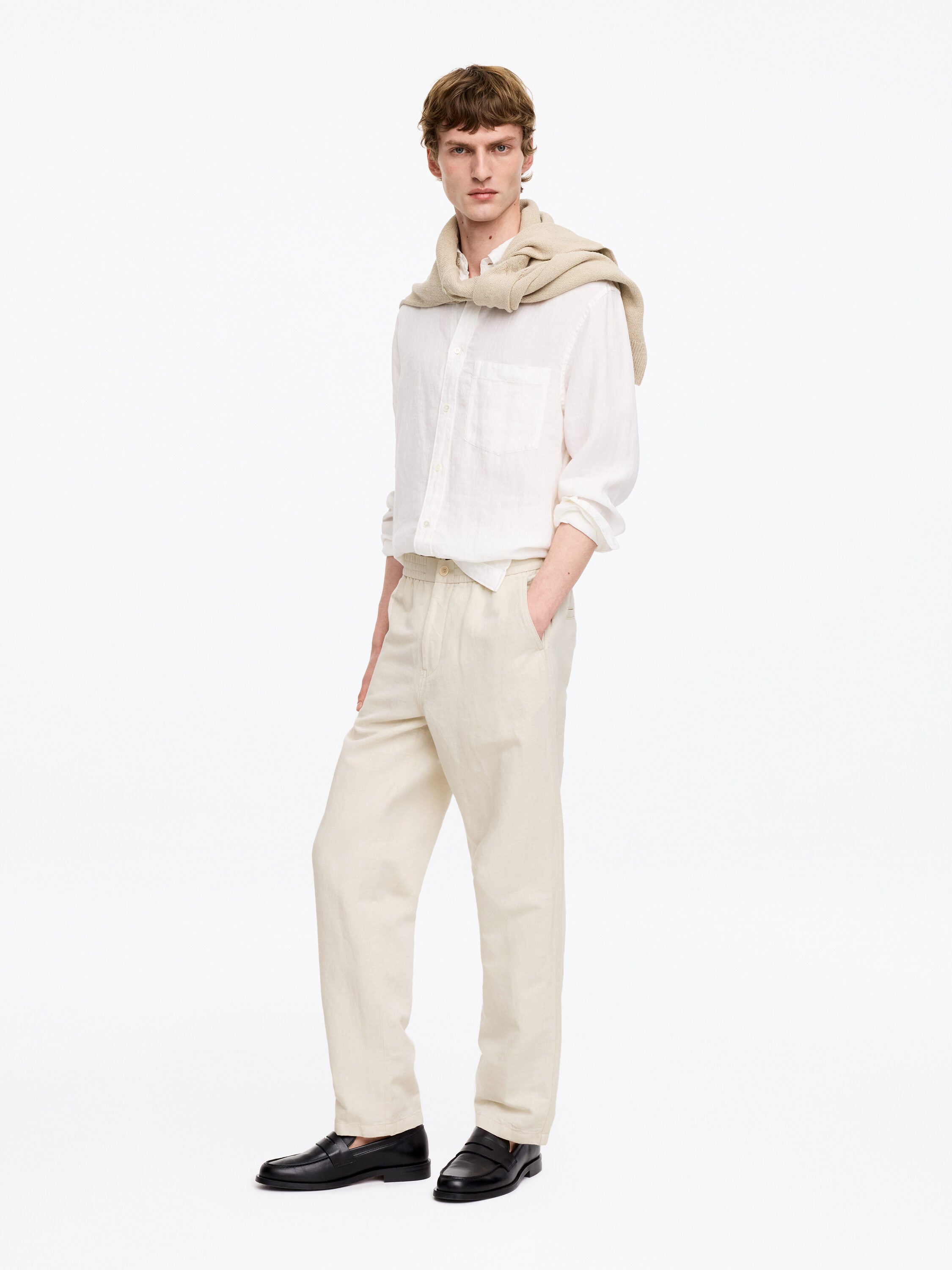Linen Blend Trousers - Beige - Image 5