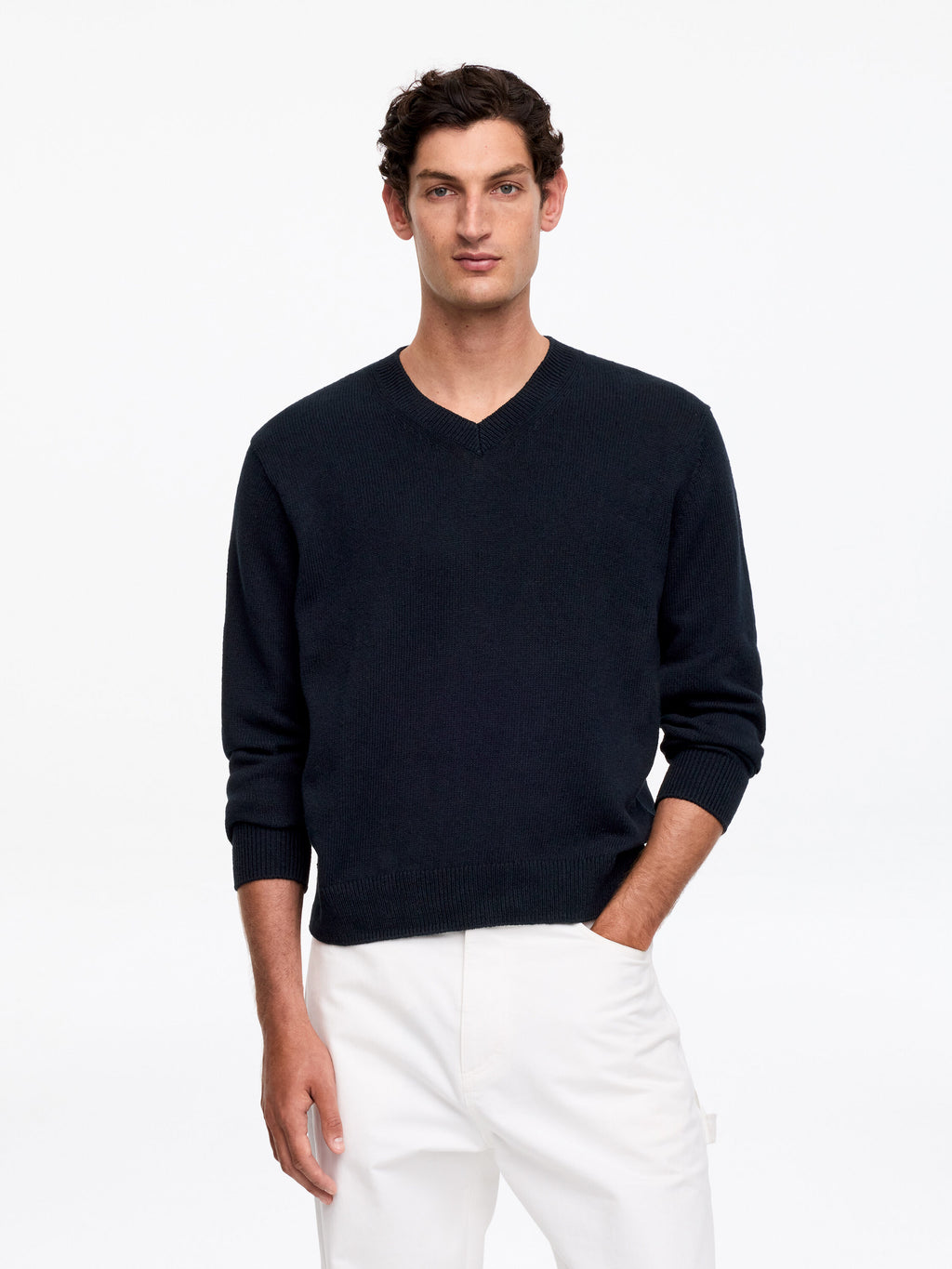 Linen Cotton V-Neck Jumper - Blue