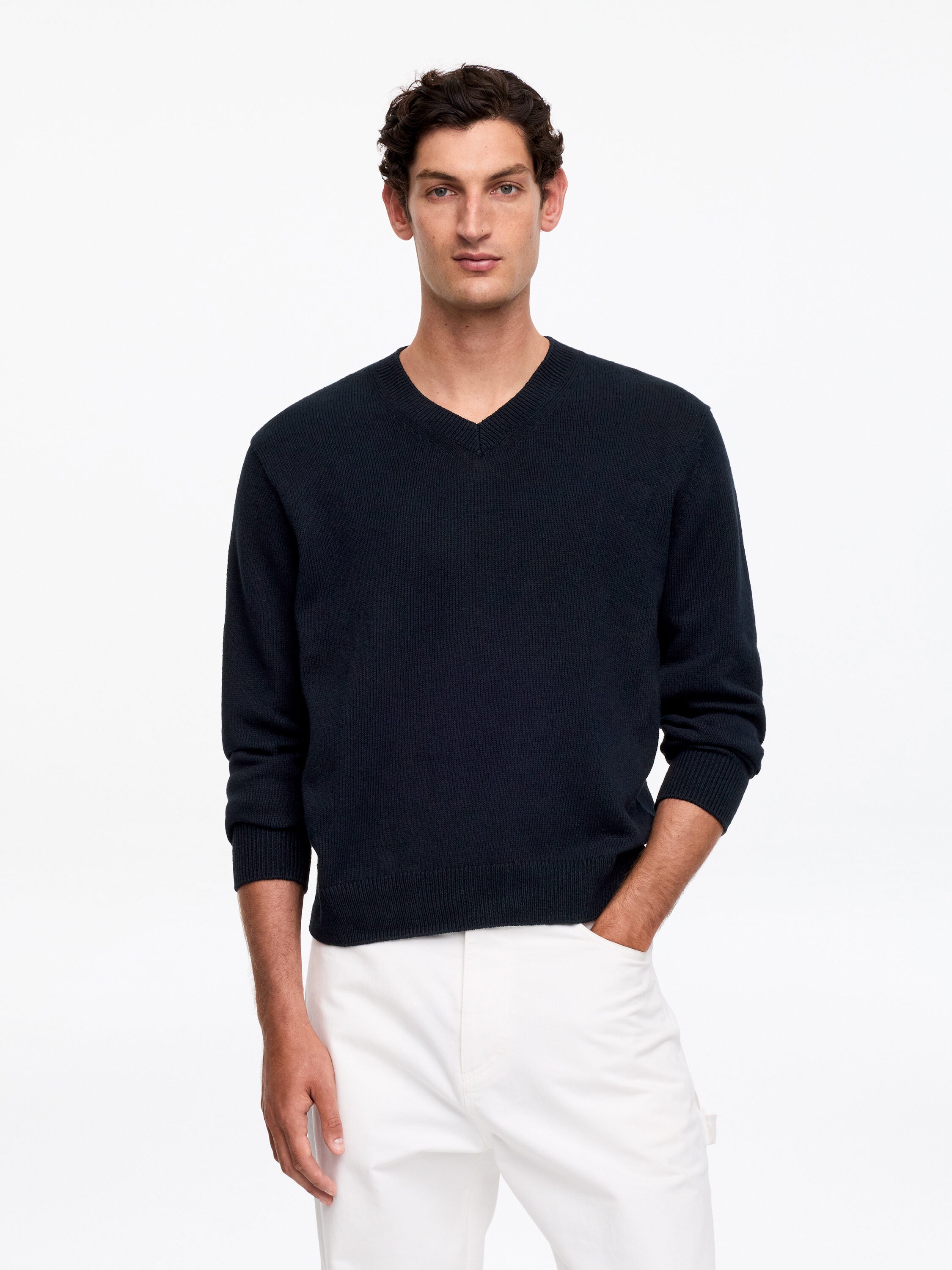 Linen Cotton V-Neck Jumper - Blue