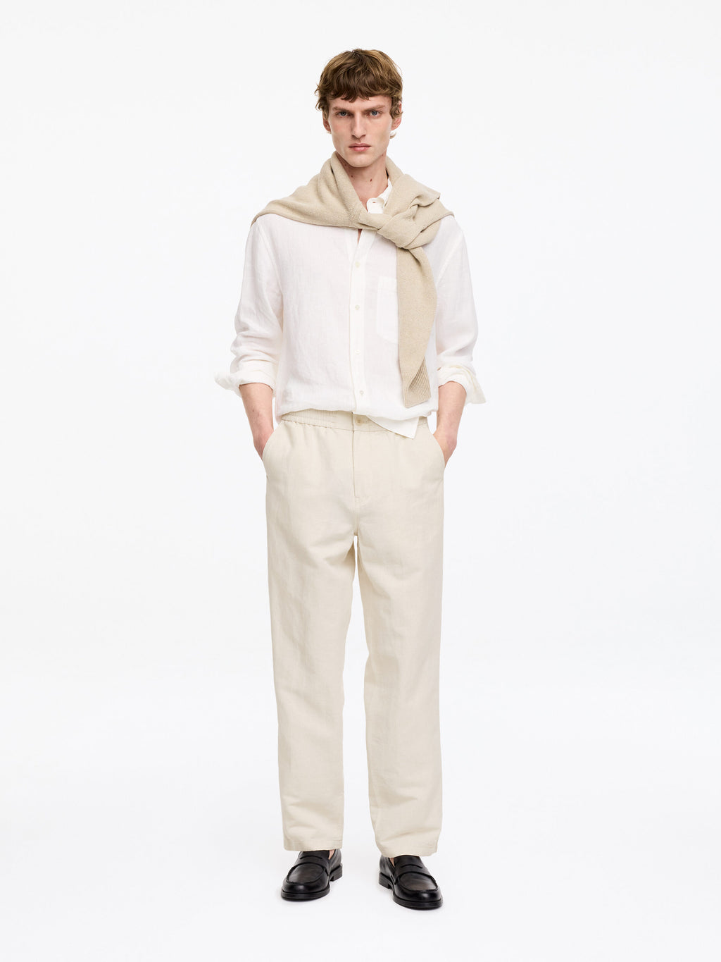Linen Blend Trousers - Beige - Image 2