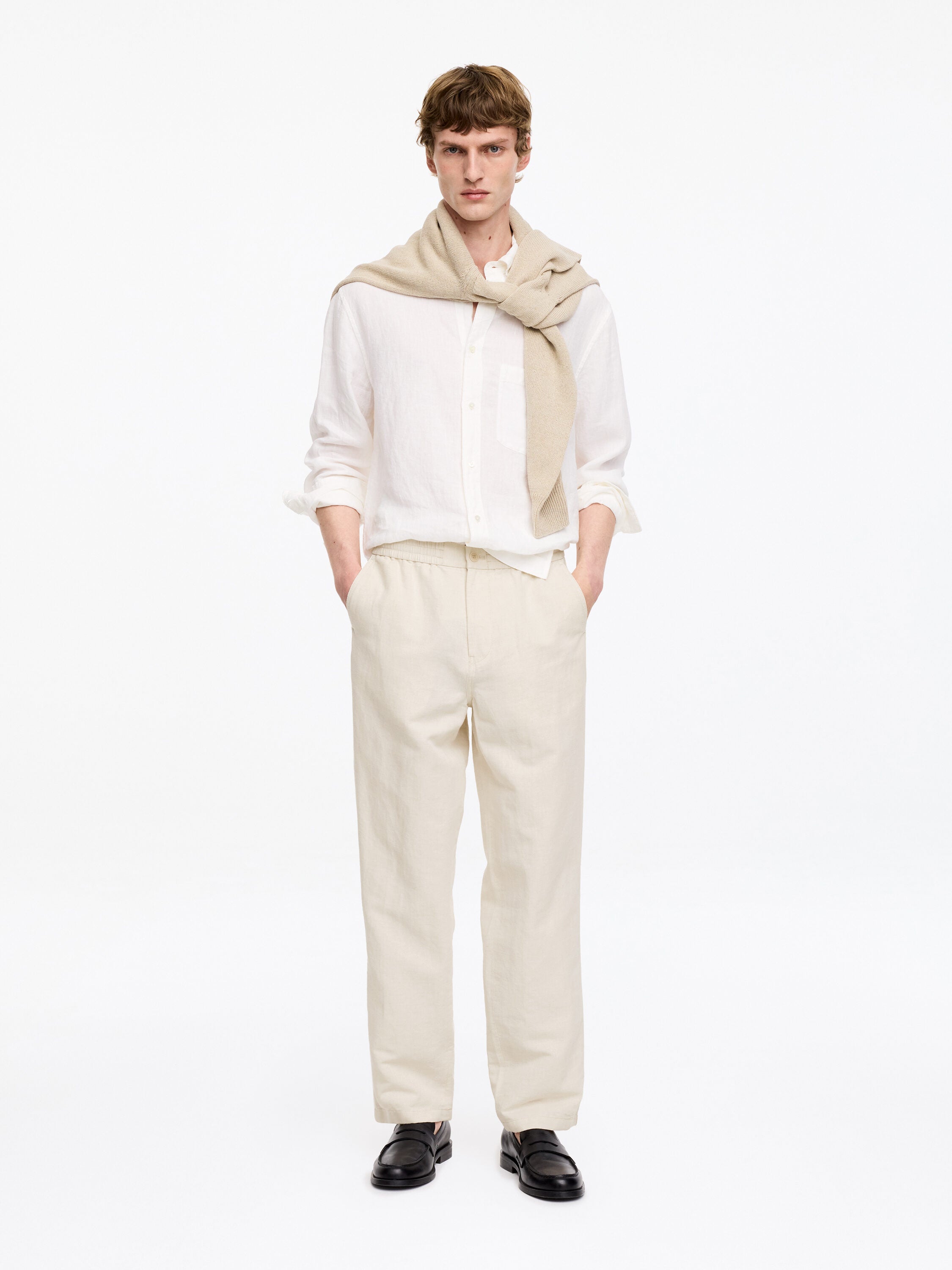 Linen Blend Trousers - Beige - Image 2