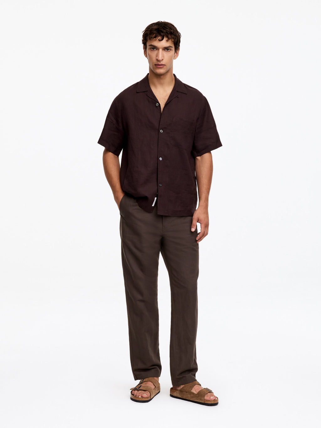 Linen Blend Trousers - Brown